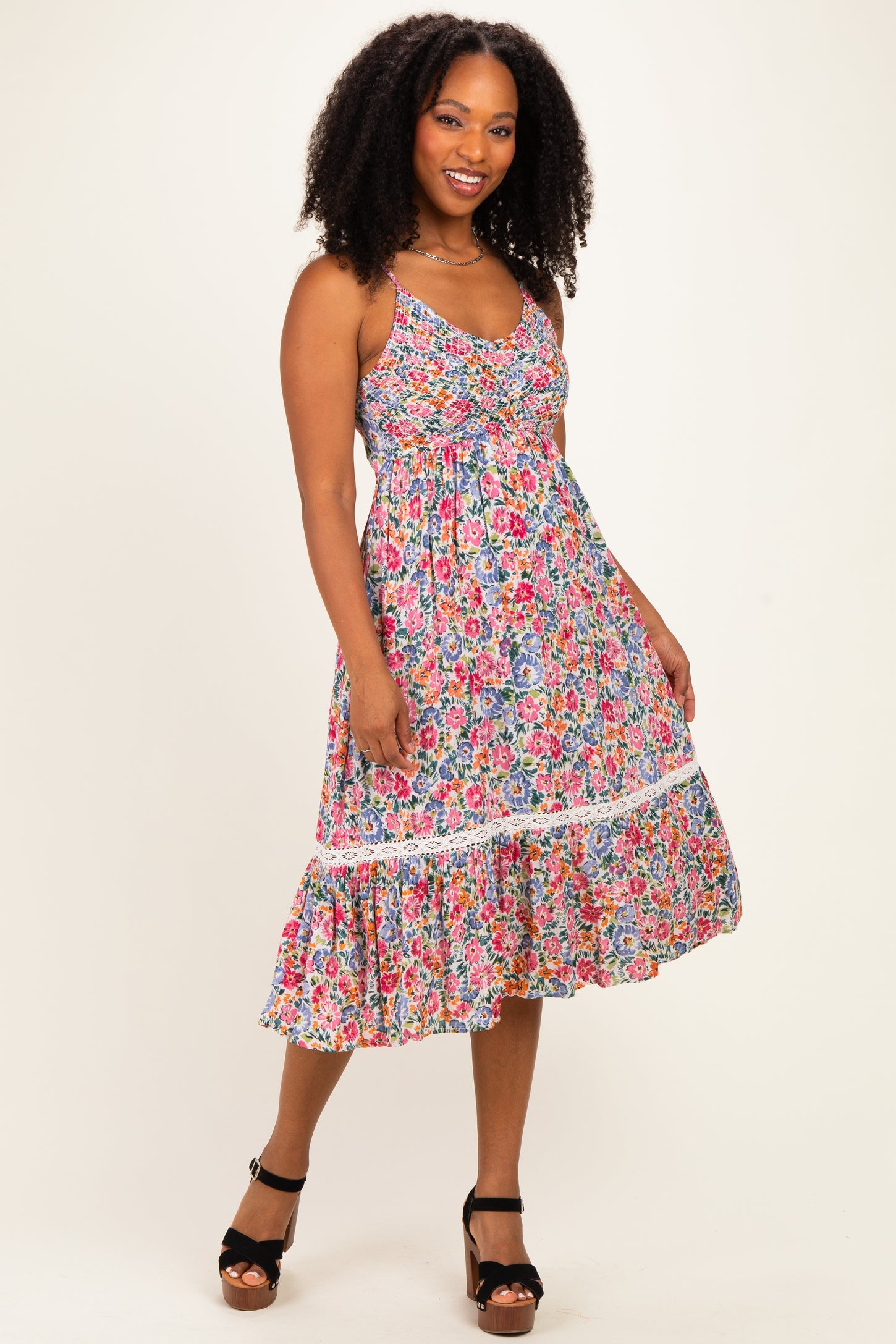 Ivory Floral Lace Up Cutout Maternity Midi Dress