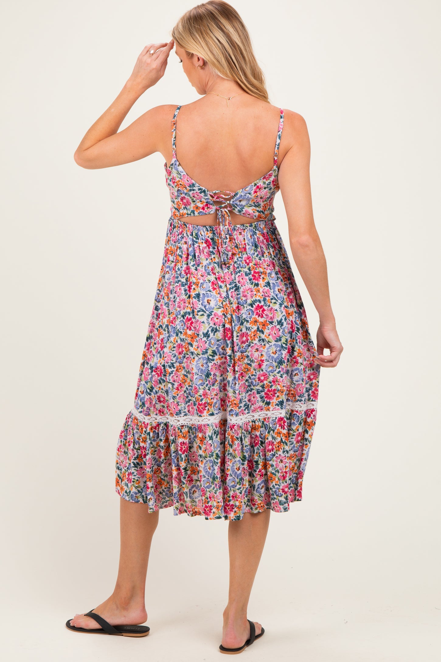 Ivory Floral Lace Up Cutout Maternity Midi Dress