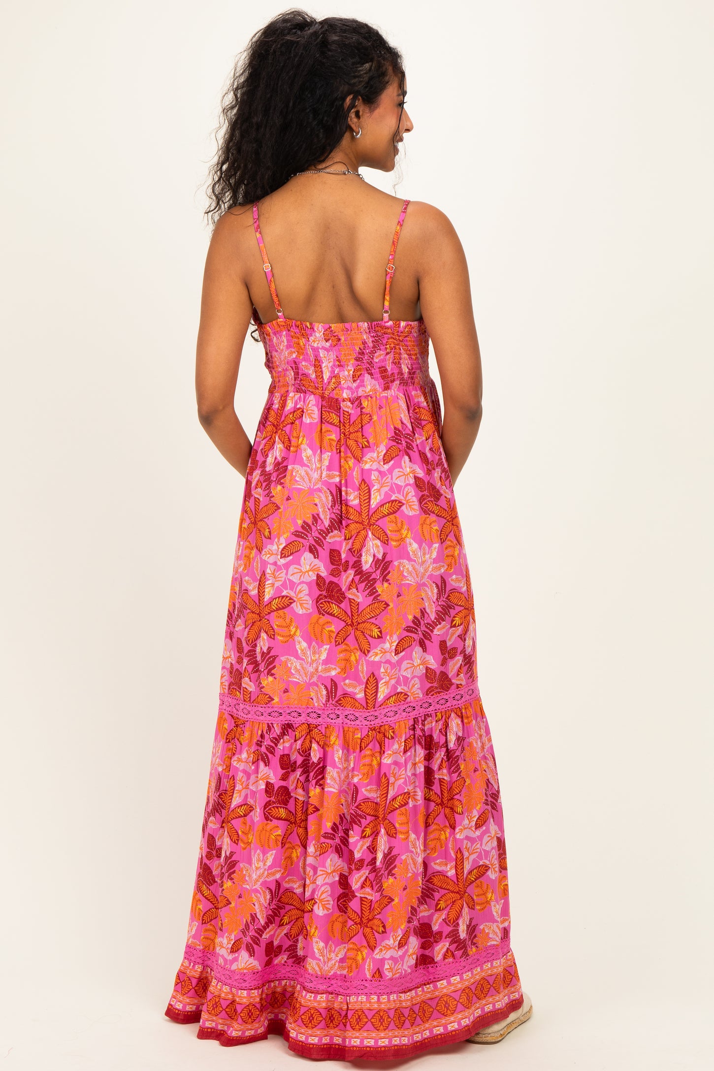 Fuchsia Floral Lace Trim Maternity Maxi Dress