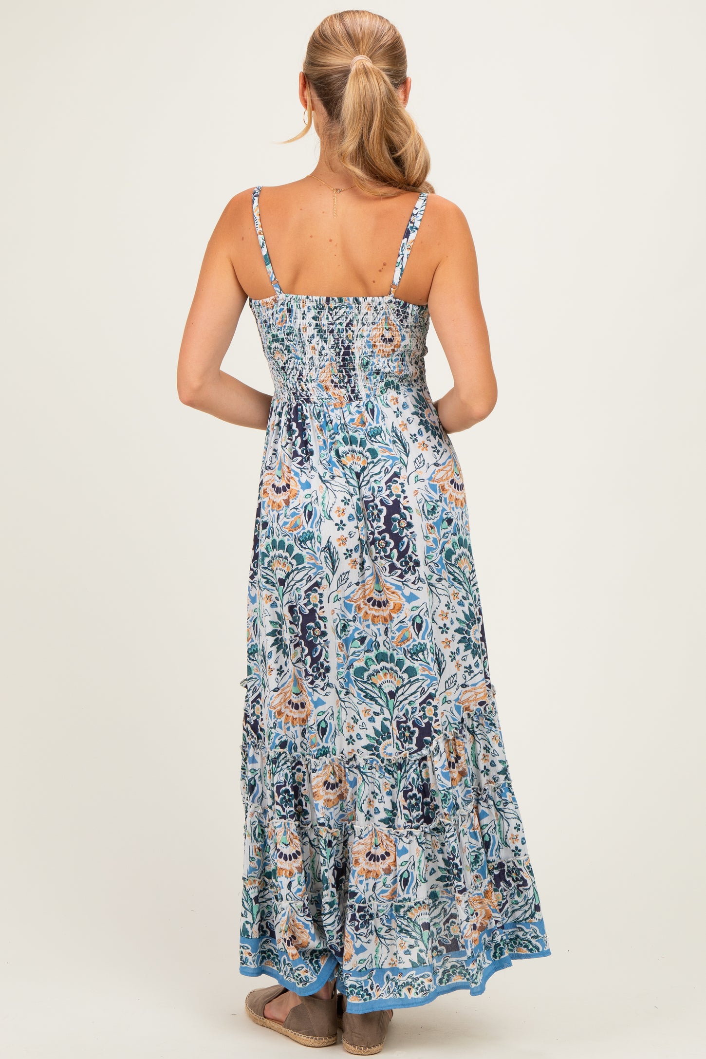 Blue Floral V-Neck Midi Dress
