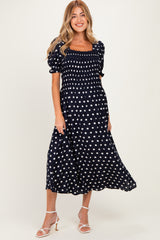 Navy Polka Dot Smocked Maternity Midi Dress