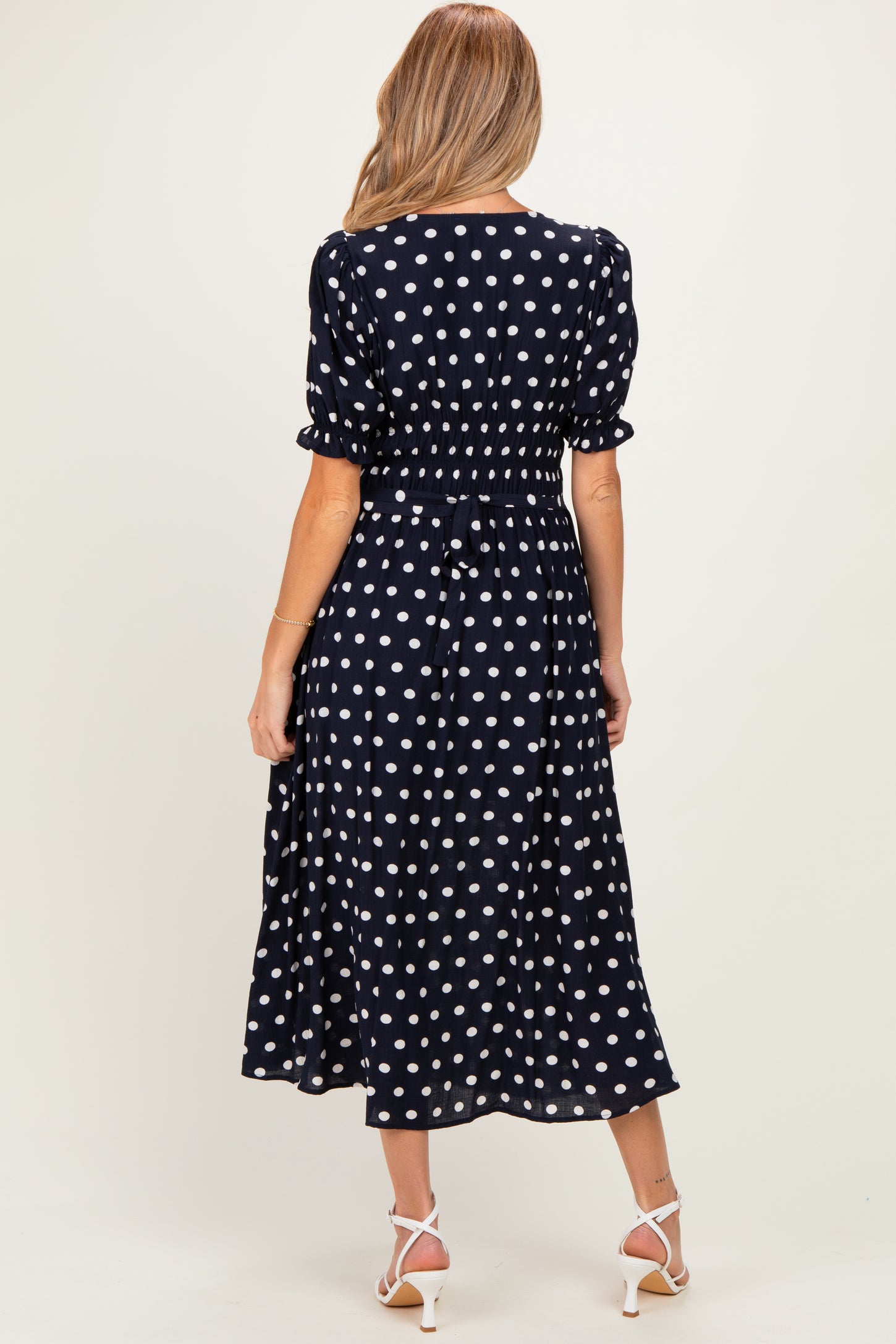 Navy Polka Dot Smocked Maternity Midi Dress