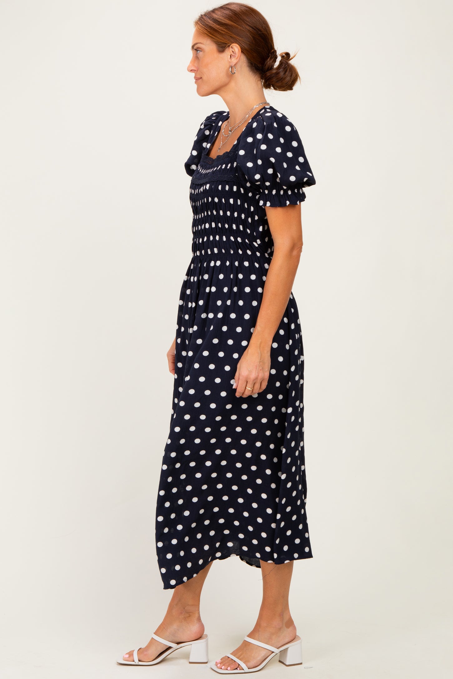 Navy Polka Dot Smocked Midi Dress