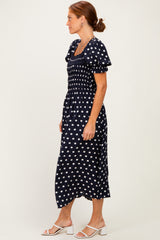 Navy Polka Dot Smocked Midi Dress