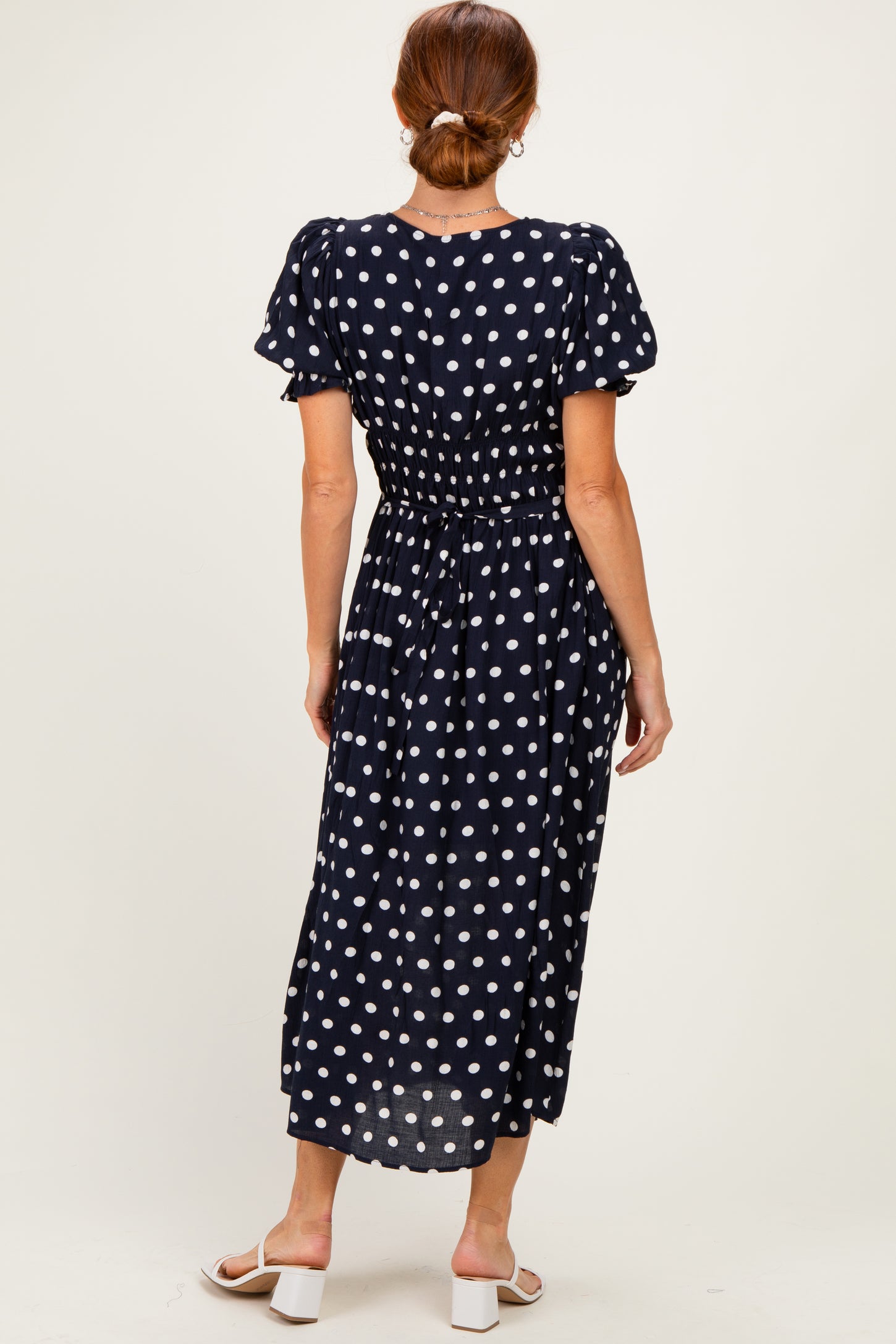 Navy Polka Dot Smocked Midi Dress