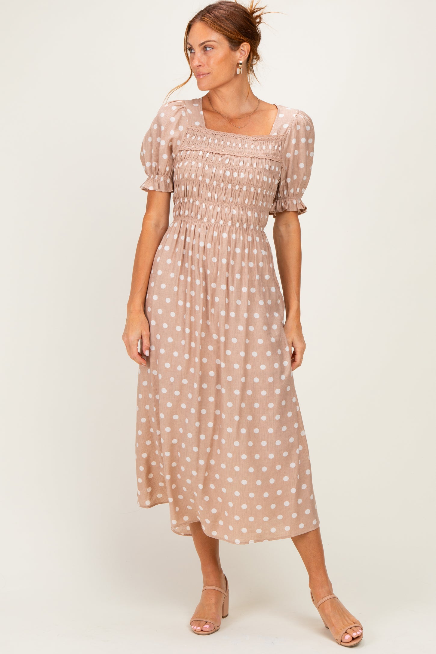 Light Taupe Polka Dot Smocked Midi Dress