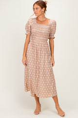 Light Taupe Polka Dot Smocked Midi Dress