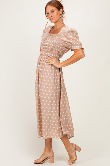 Light Taupe Polka Dot Smocked Midi Dress