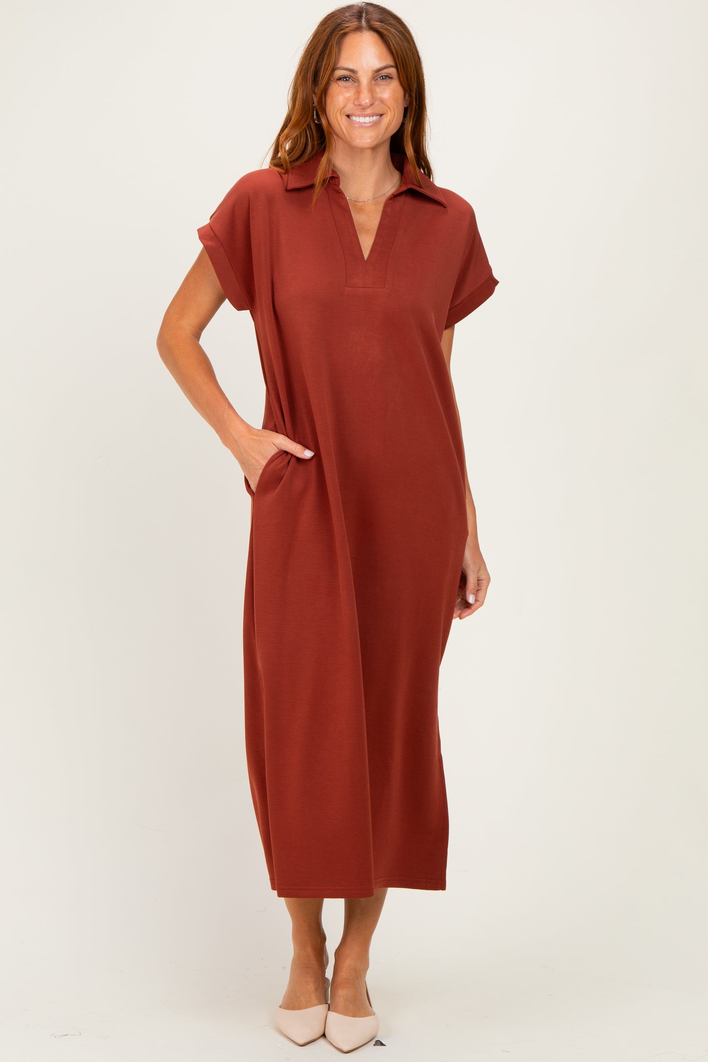 Clay Collared Short Sleeve Midi Dress