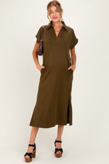 Olive Collared Short Sleeve Maternity Midi Dress
