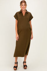 Olive Collared Short Sleeve Maternity Midi Dress