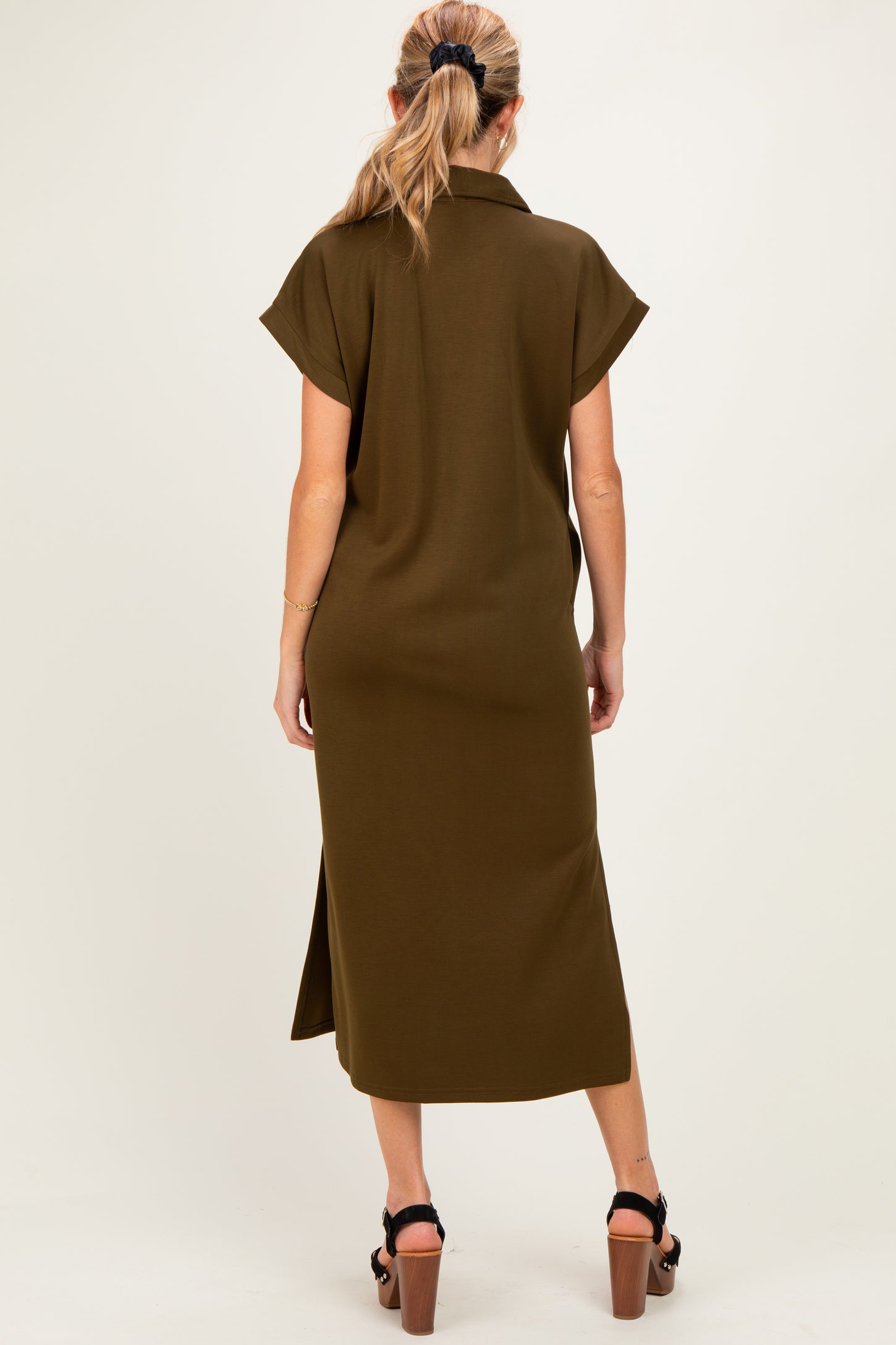 Olive Collared Short Sleeve Maternity Midi Dress