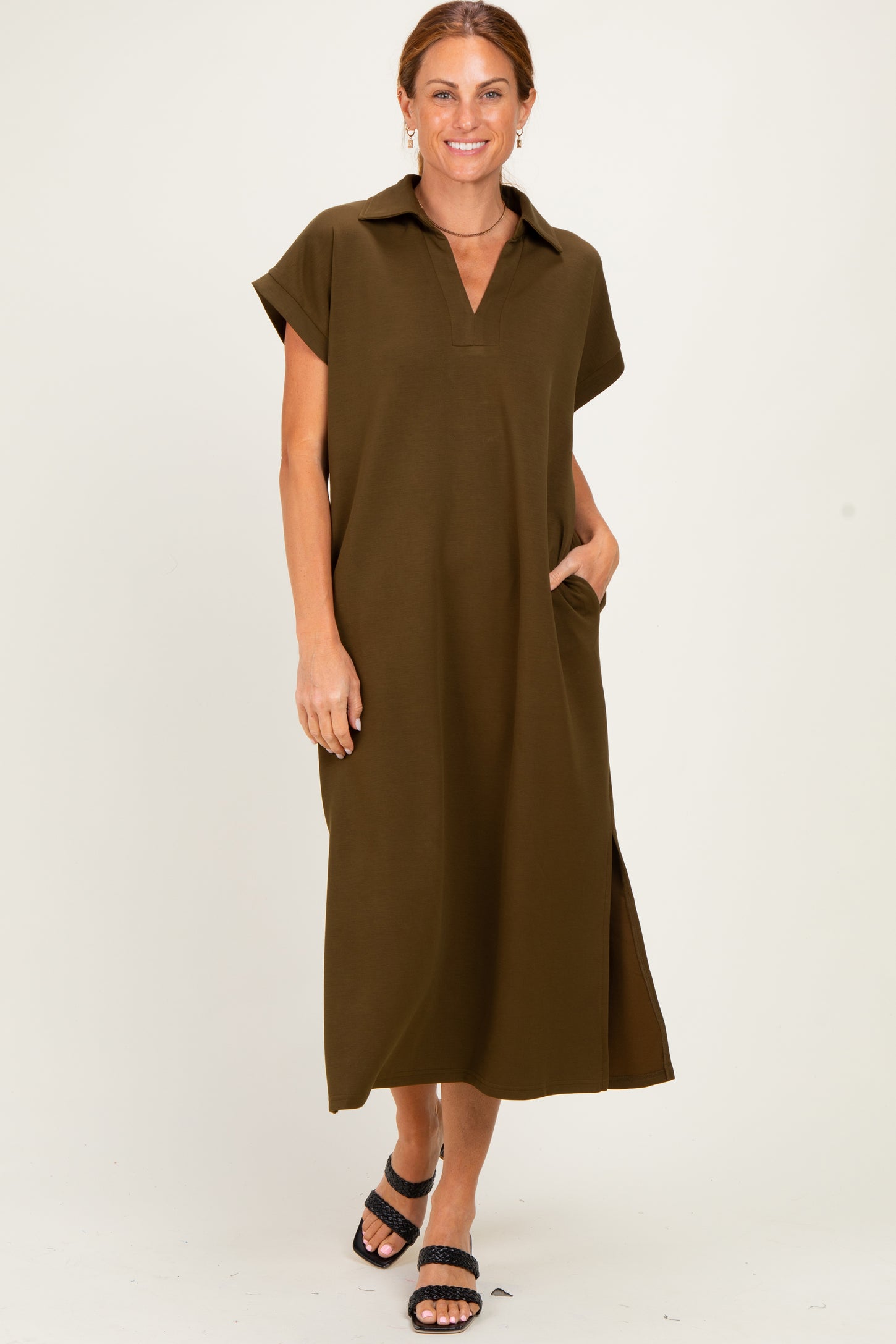 Olive Collared Short Sleeve Midi Dress