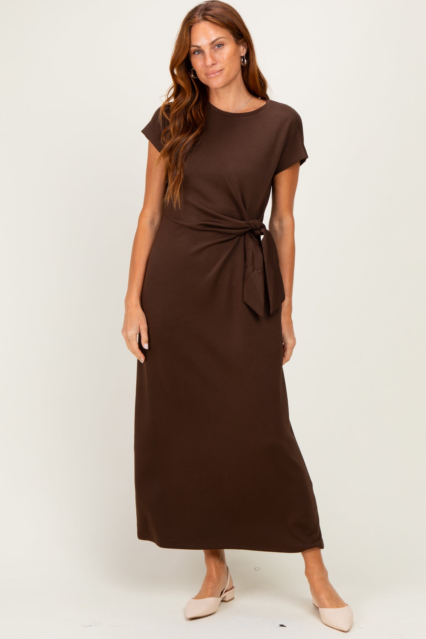 Brown Side Tie Short Sleeve Midi Dress