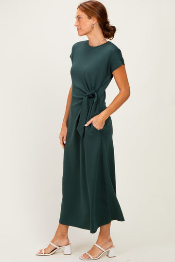 Forest Green Side Tie Short Sleeve Midi Dress