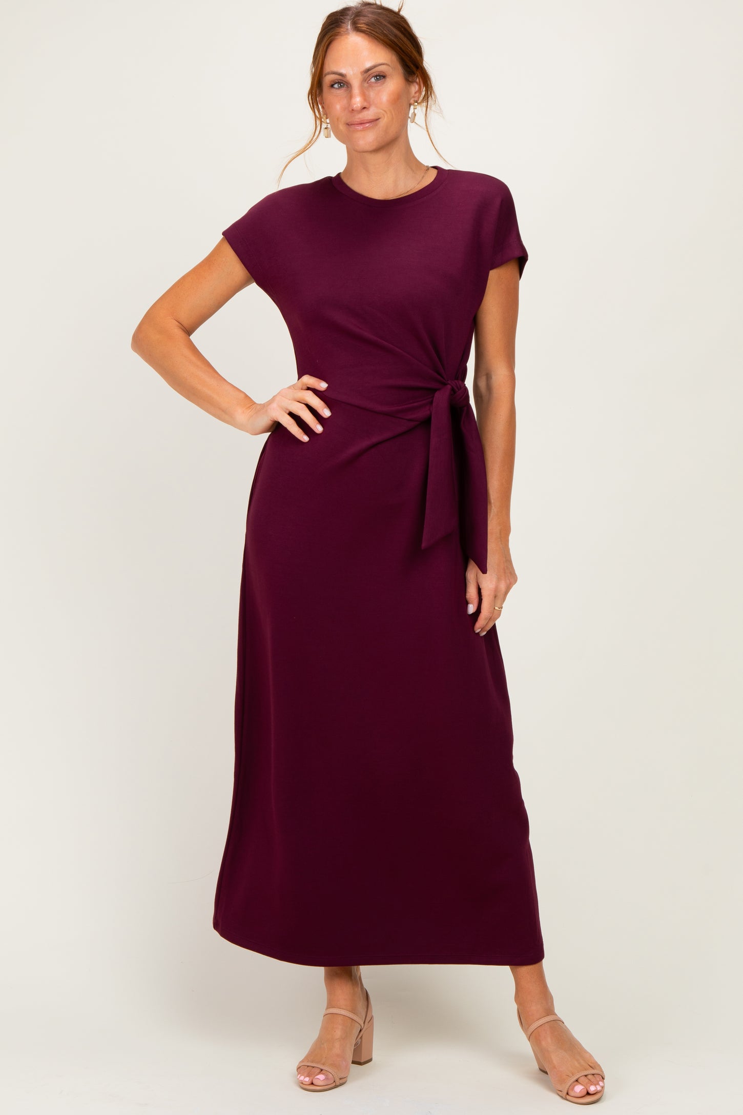 Wine Side Tie Short Sleeve Midi Dress