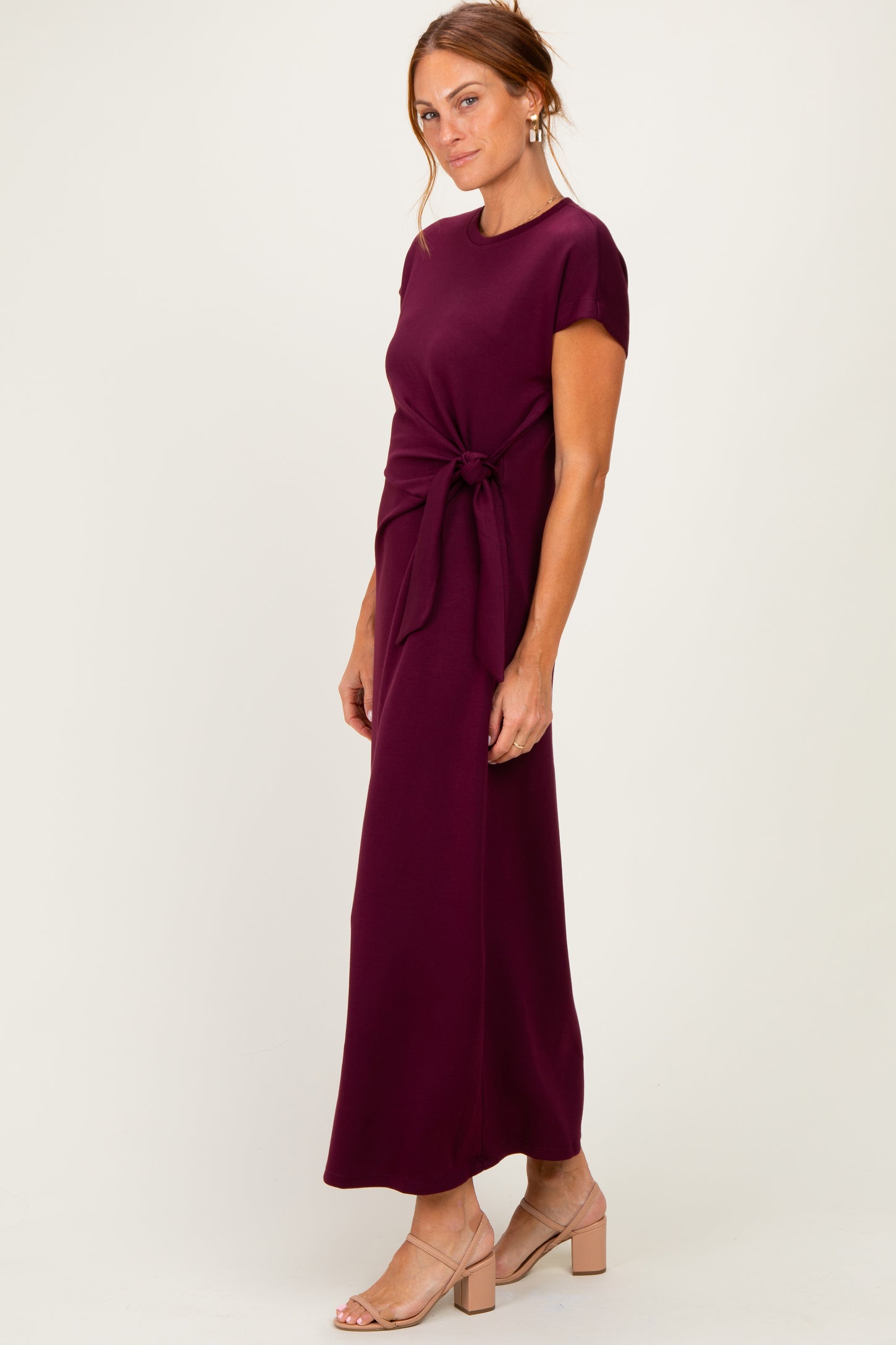Wine Side Tie Short Sleeve Midi Dress