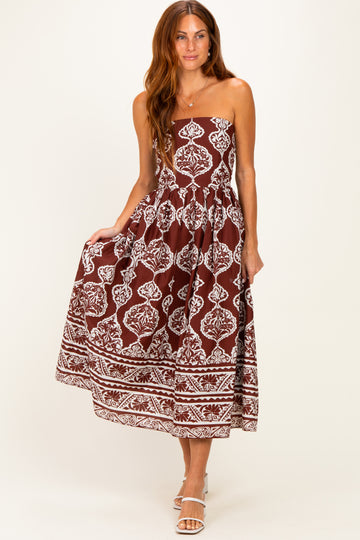 Chocolate Damask Strapless Midi Dress