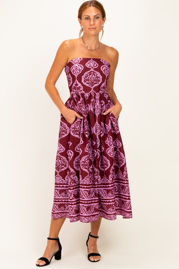 Burgundy Damask Strapless Midi Dress