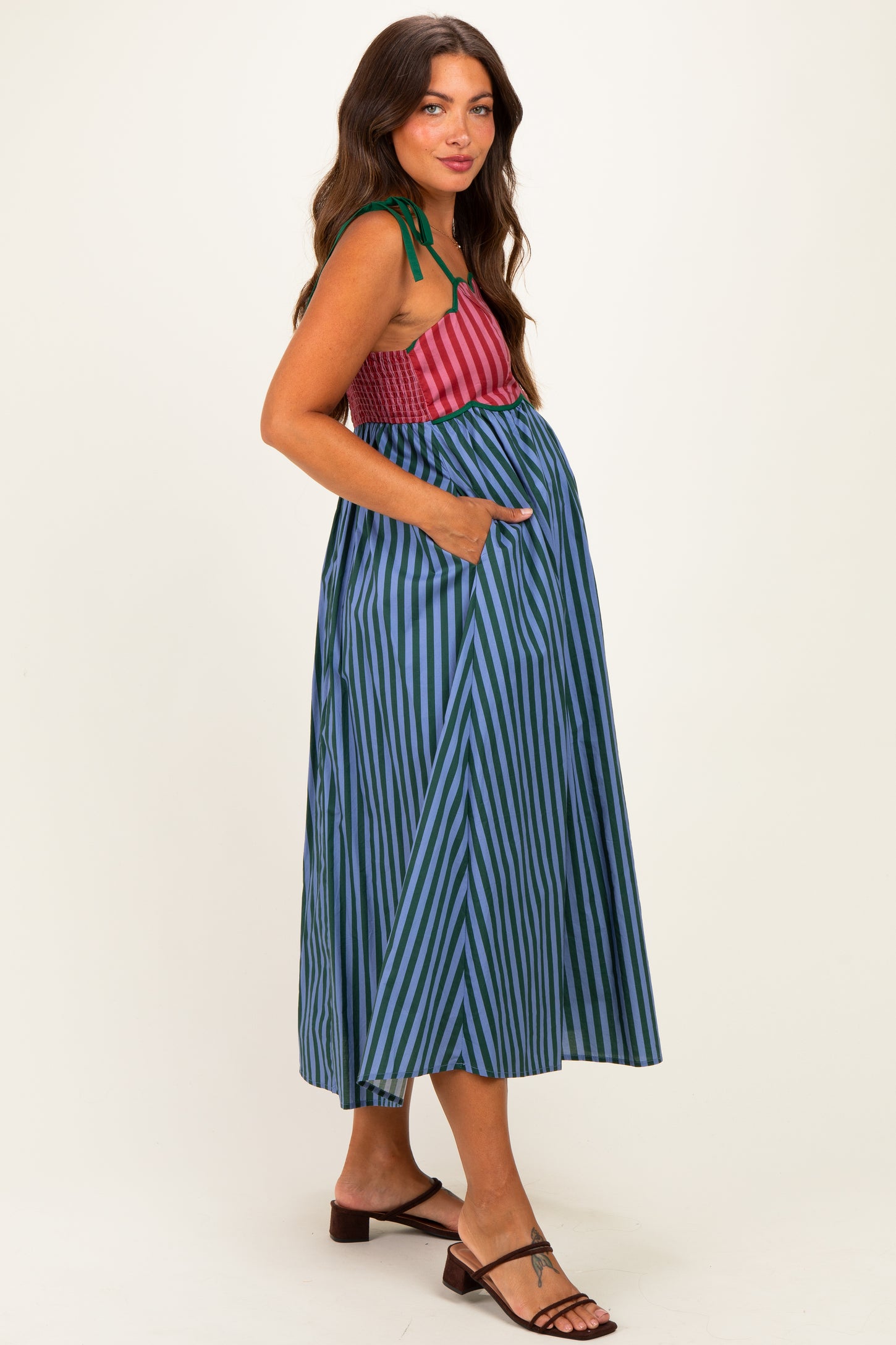Blue Striped Colorblock Scallop Detail Maternity Midi Dress