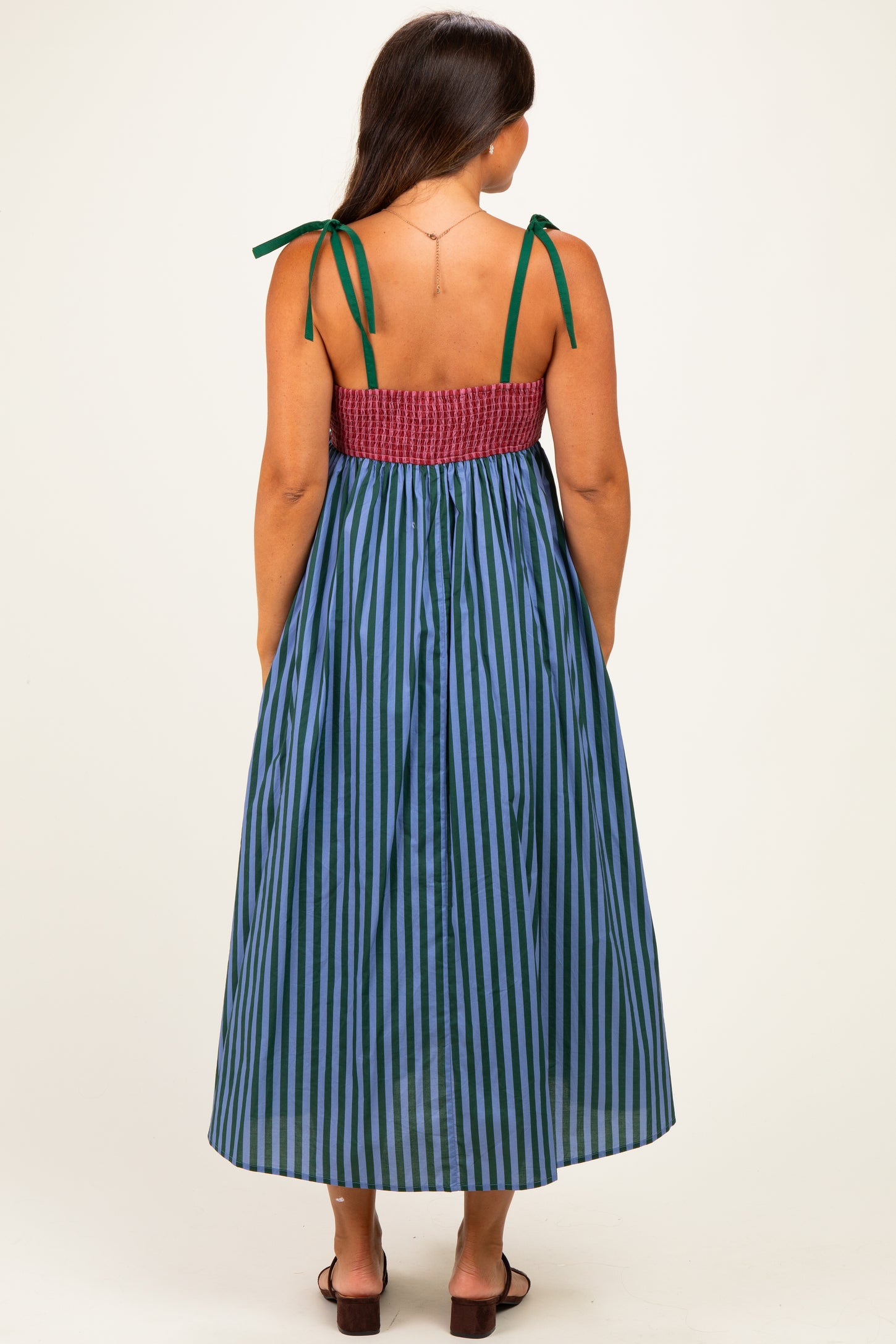 Blue Striped Colorblock Scallop Detail Maternity Midi Dress