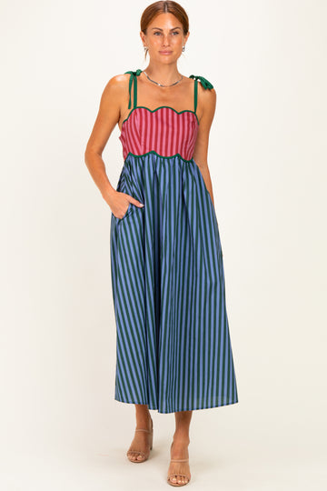 Blue Striped Colorblock Scallop Detail Midi Dress