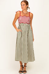 Olive Striped Colorblock Scallop Detail Maternity Midi Dress
