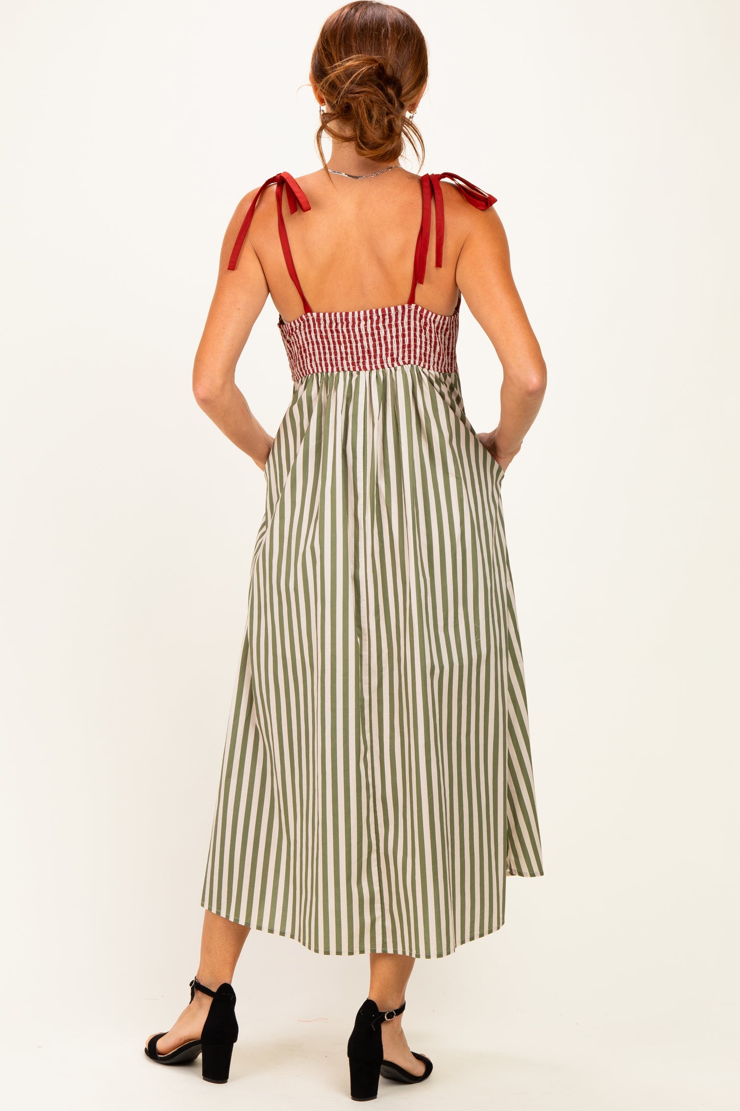 Olive Striped Colorblock Scallop Detail Midi Dress