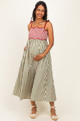 Olive Striped Colorblock Scallop Detail Maternity Midi Dress