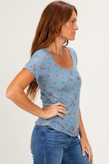 Blue Floral Ruching Short Sleeve Top
