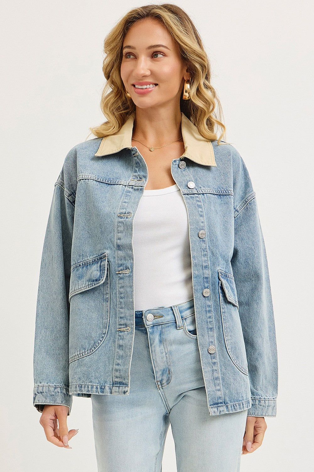 Washed Denim Button Down Oversized Jacket