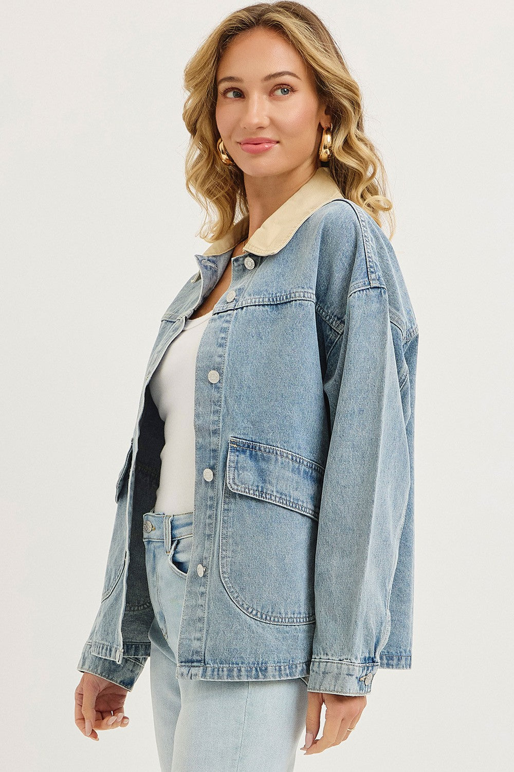 Washed Denim Button Down Oversized Jacket