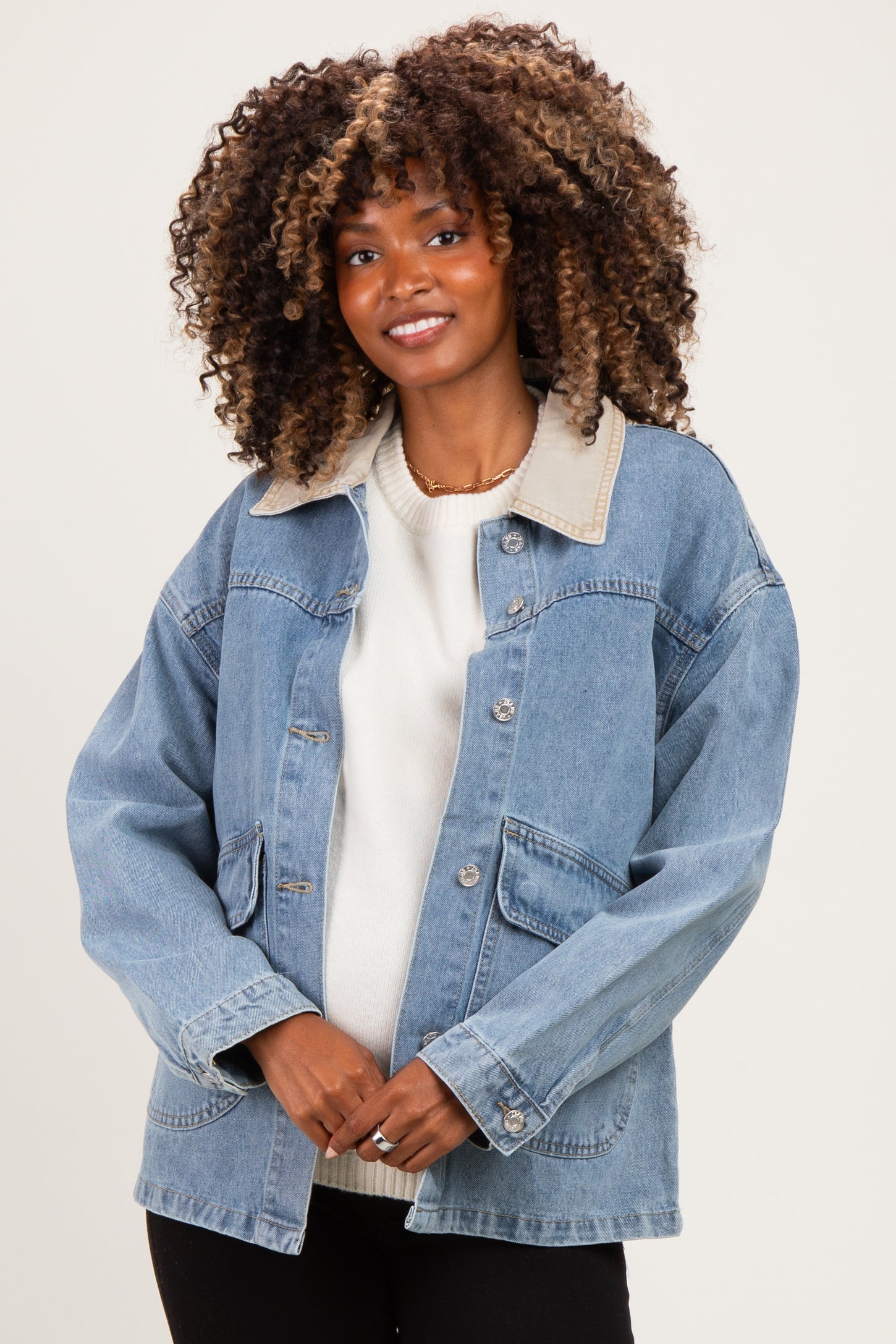 Washed Denim Button Down Oversized Maternity Jacket