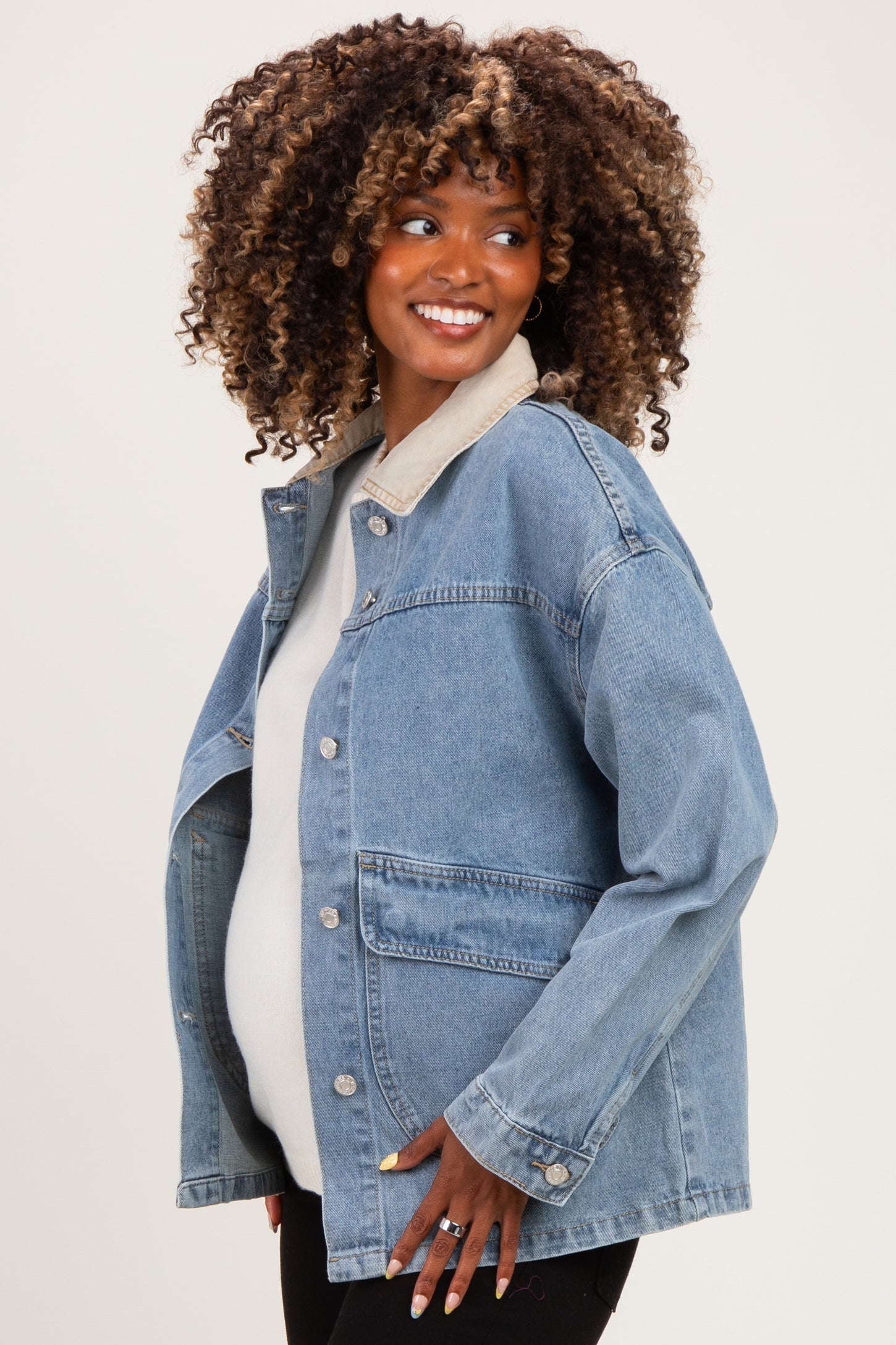 Washed Denim Button Down Oversized Maternity Jacket