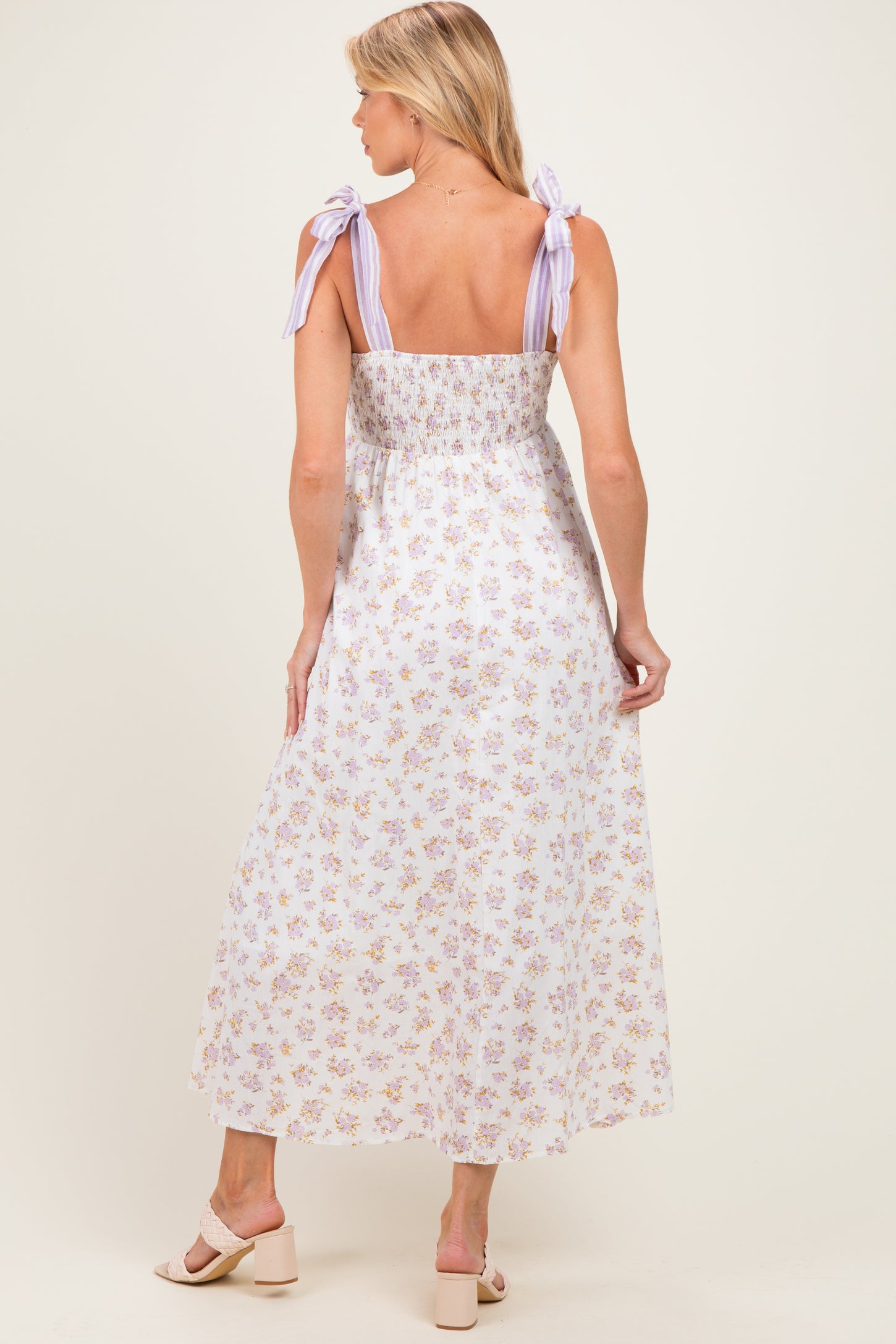 Lavender Floral Striped Shoulder Tie Maternity Maxi Dress