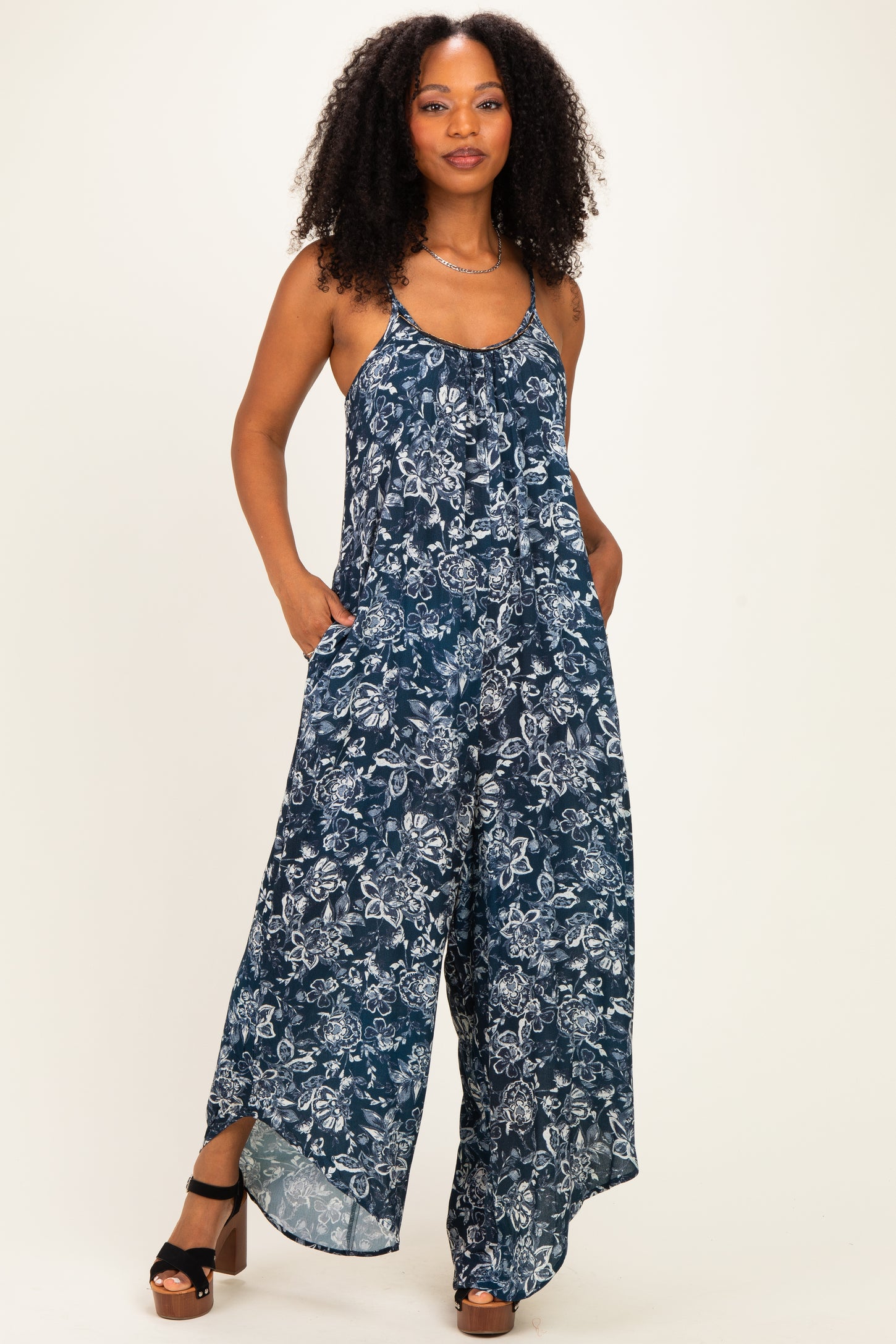Navy Floral Beaded Wide Leg Maternity Jumpsuit