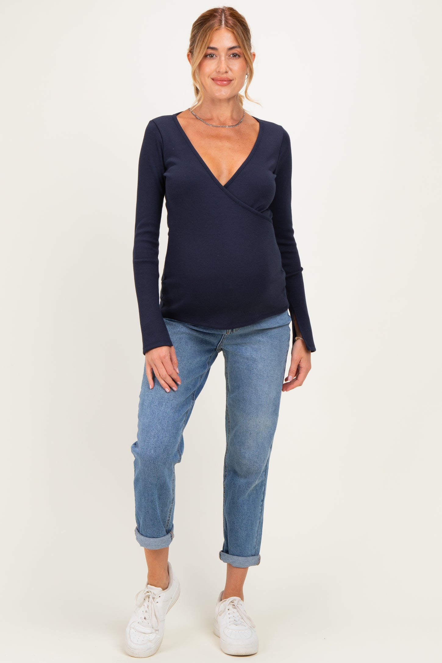 Navy Fitted Long Sleeve Maternity Wrap/ Nursing Top