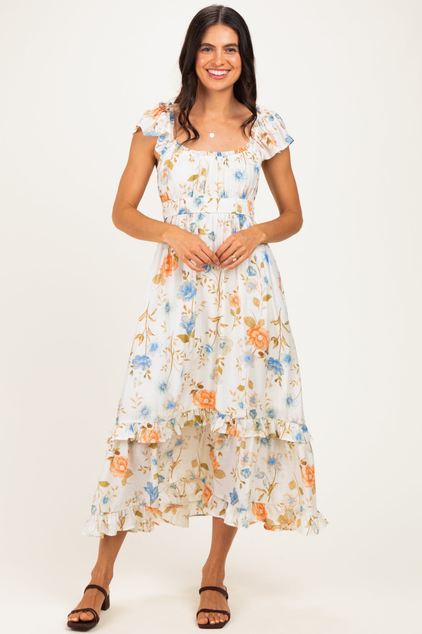 Beige Floral Ruffle Accent Midi Dress