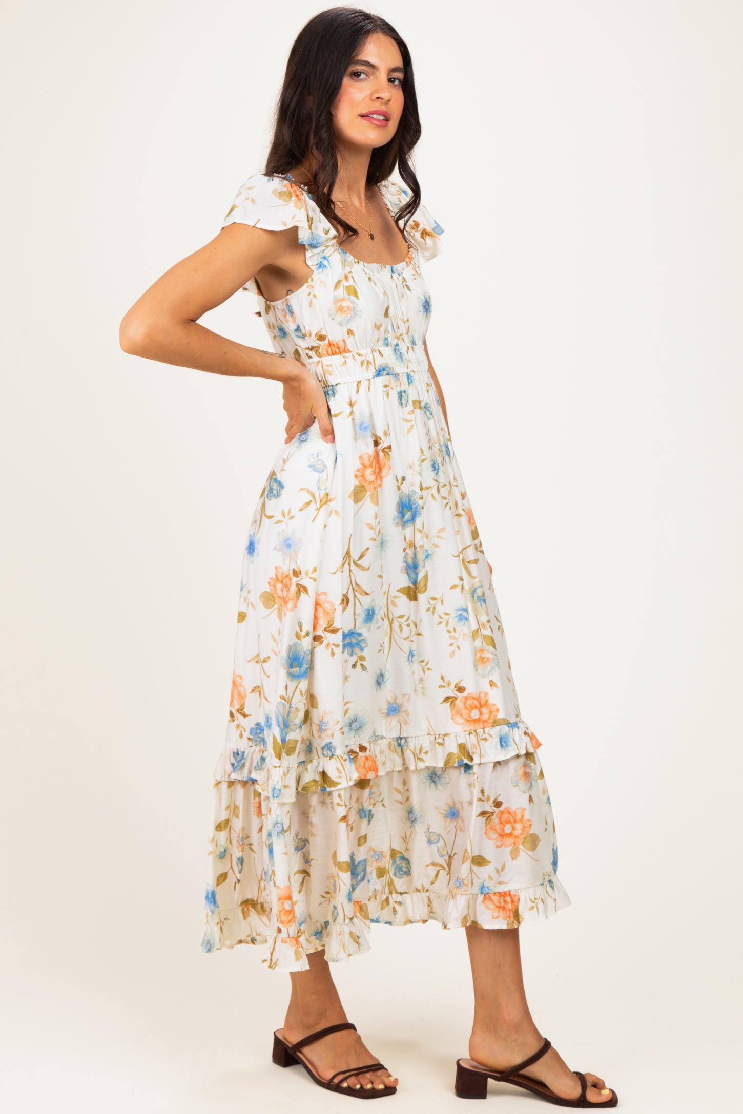 Beige Floral Ruffle Accent Midi Dress