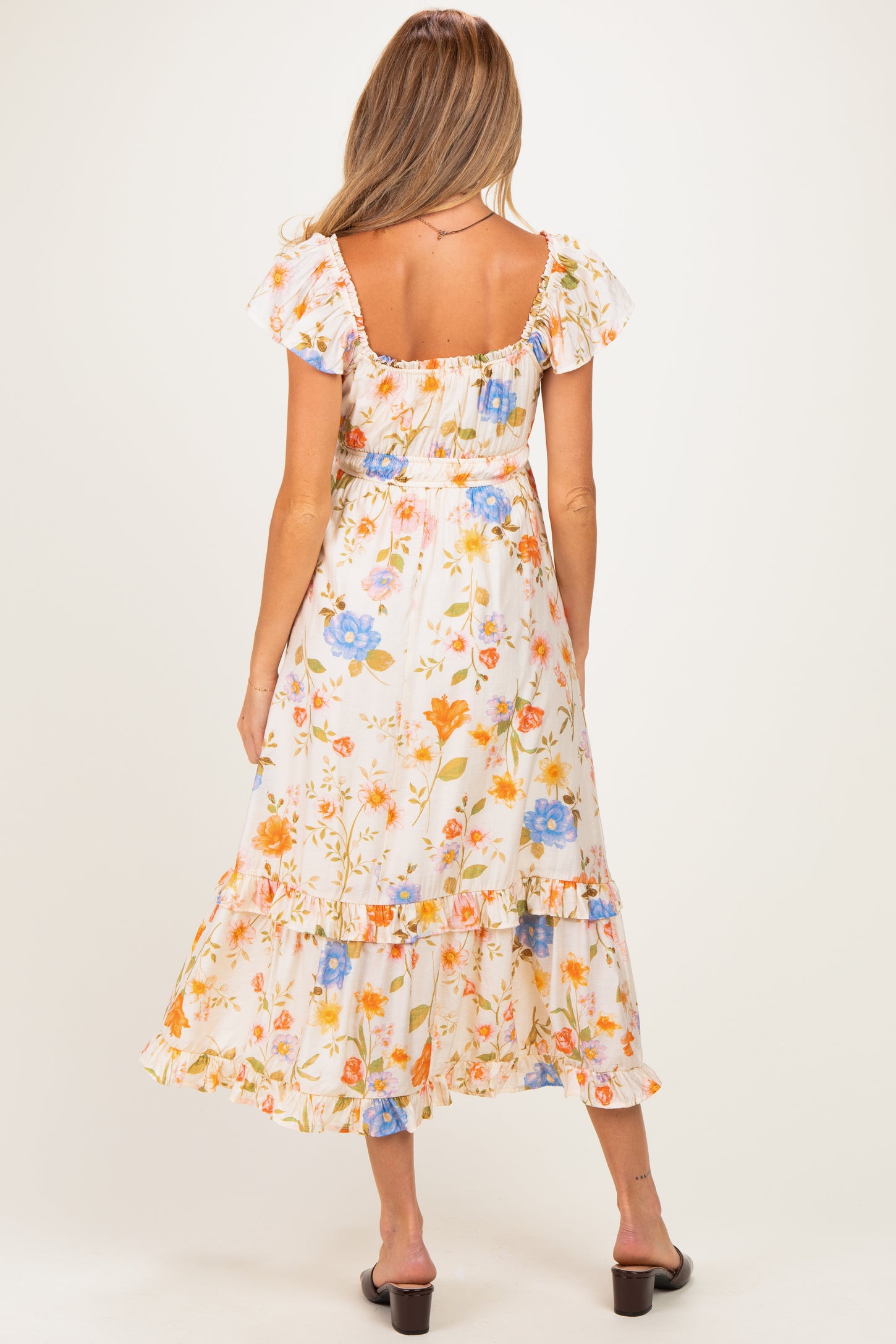 Ivory Floral Ruffle Accent Maternity Midi Dress