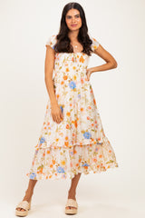 Ivory Floral Ruffle Accent Midi Dress