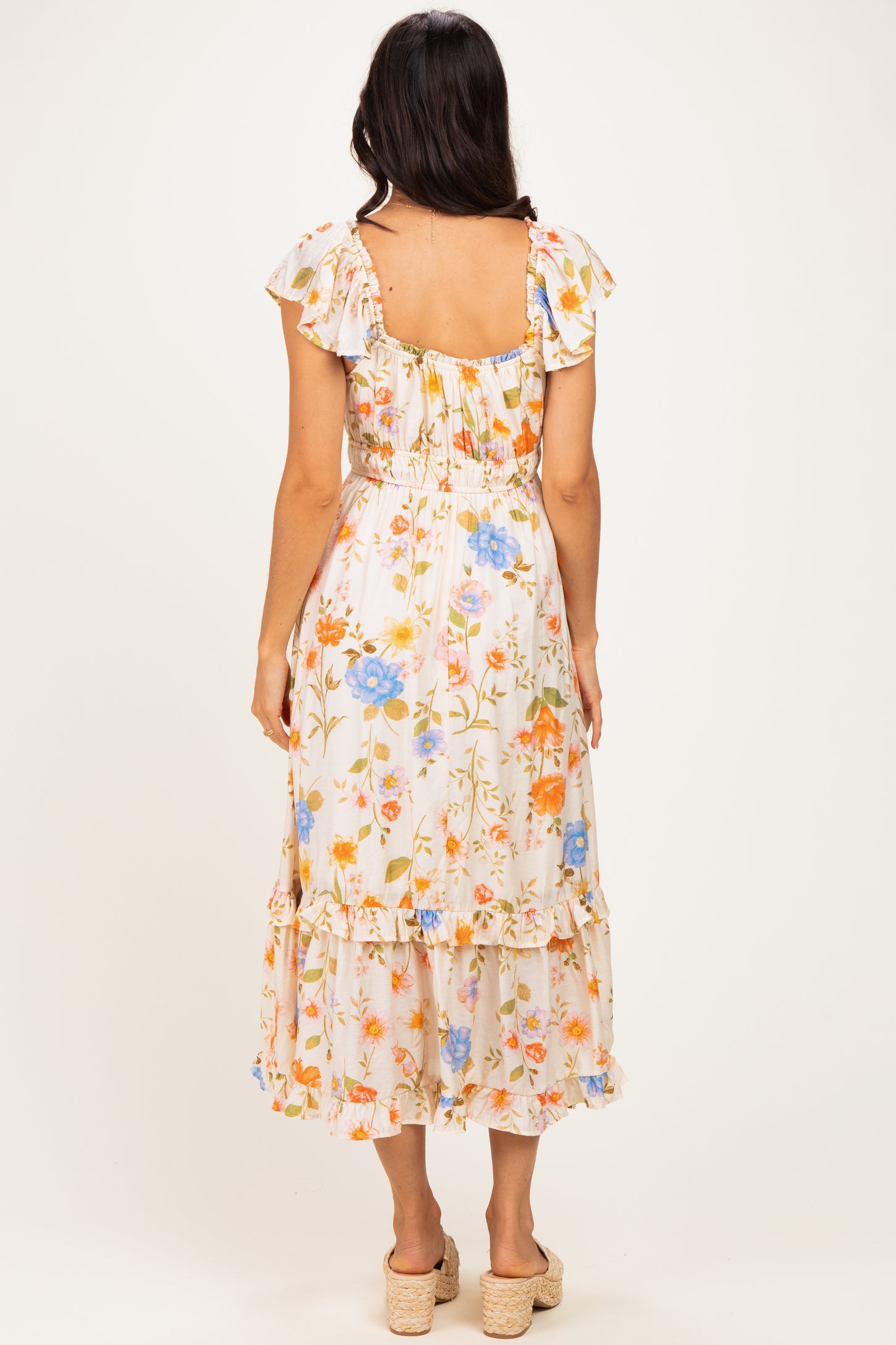 Ivory Floral Ruffle Accent Midi Dress