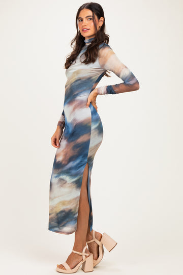 Multicolor Mesh Printed Mock Neck Long Sleeve Dress