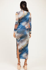 Multicolor Mesh Printed Mock Neck Long Sleeve Dress
