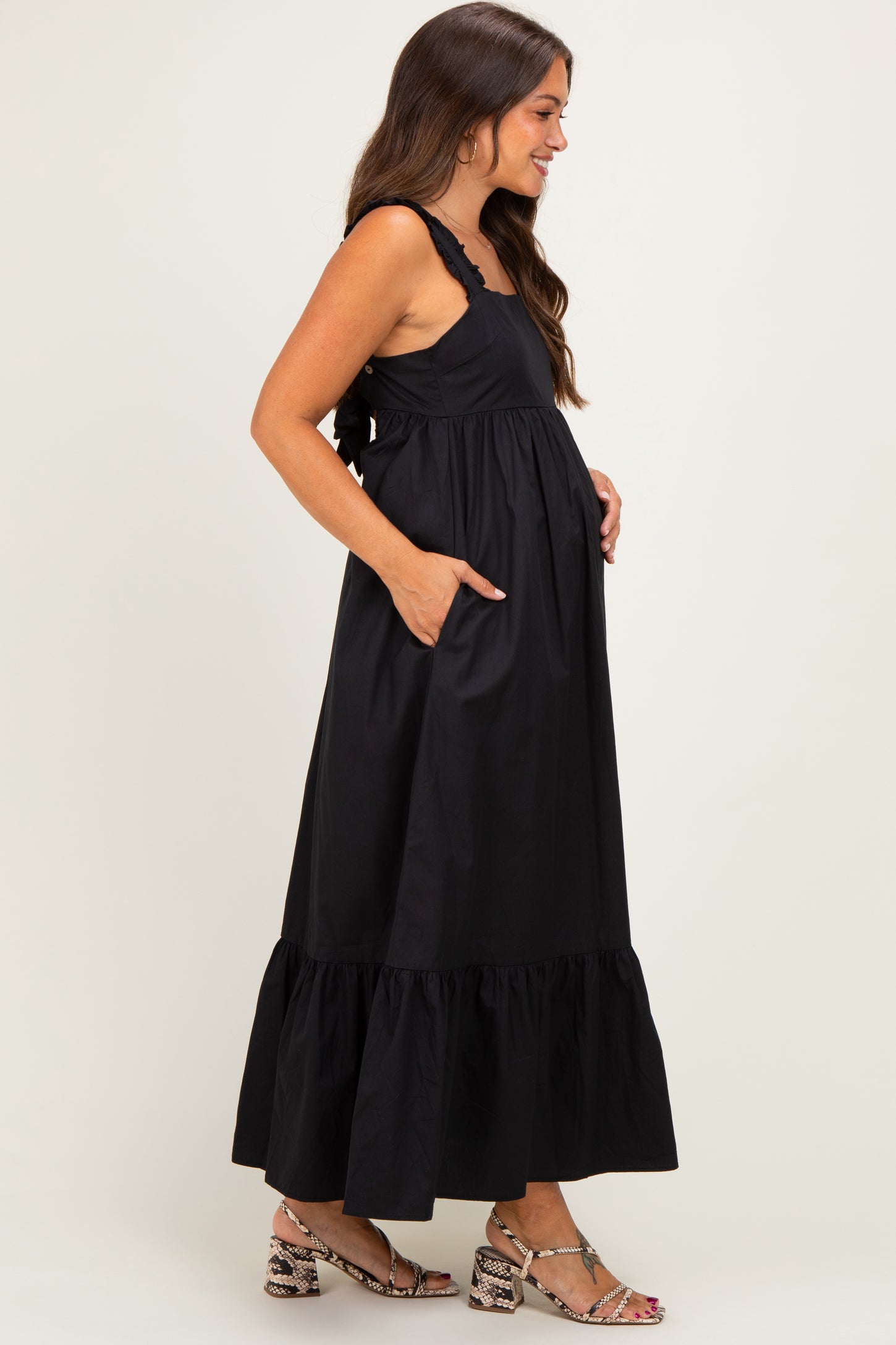 Black Cutout Tie Back Maternity Midi Dress