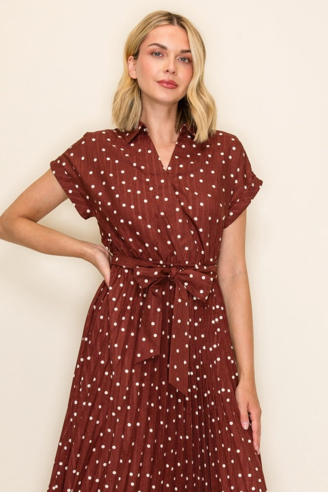 Brown Polka Dot Pleated Midi Dress