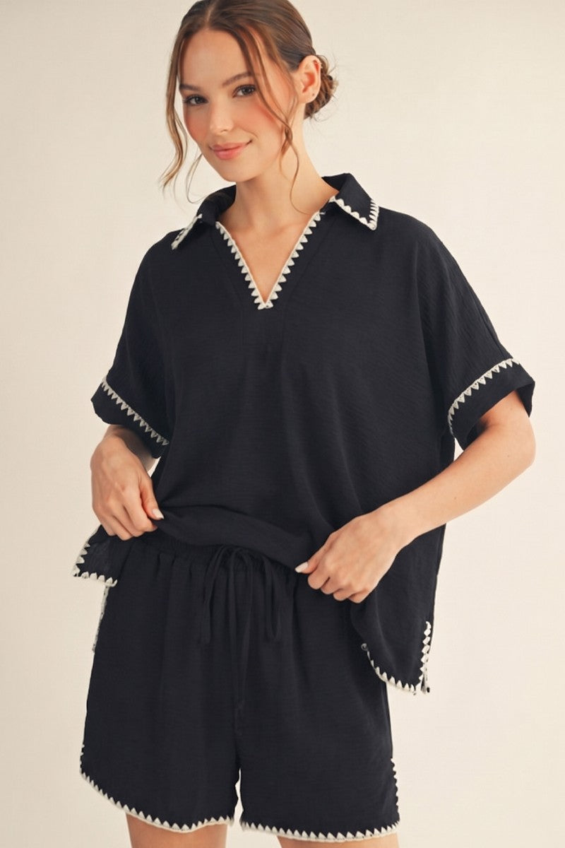 Black Embroidered Detail Collared Boxy Top