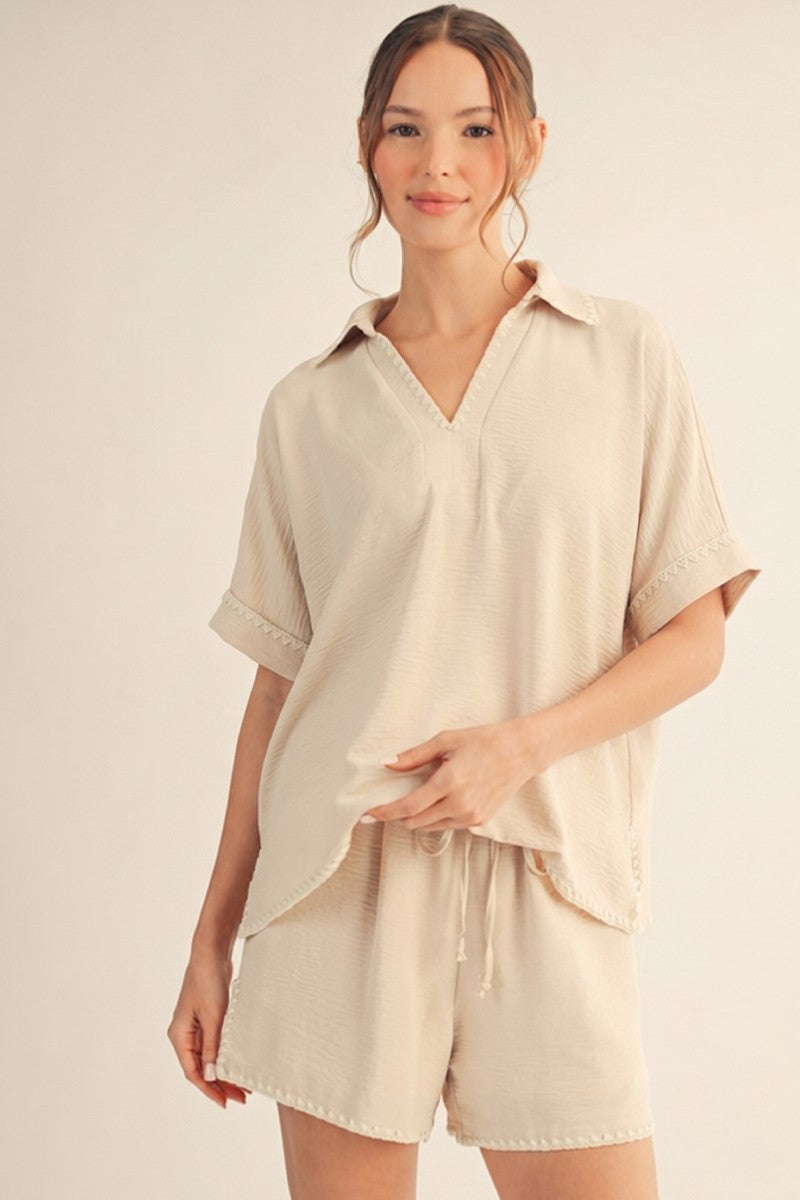 Oatmeal Embroidered Detail Collared Boxy Maternity Top
