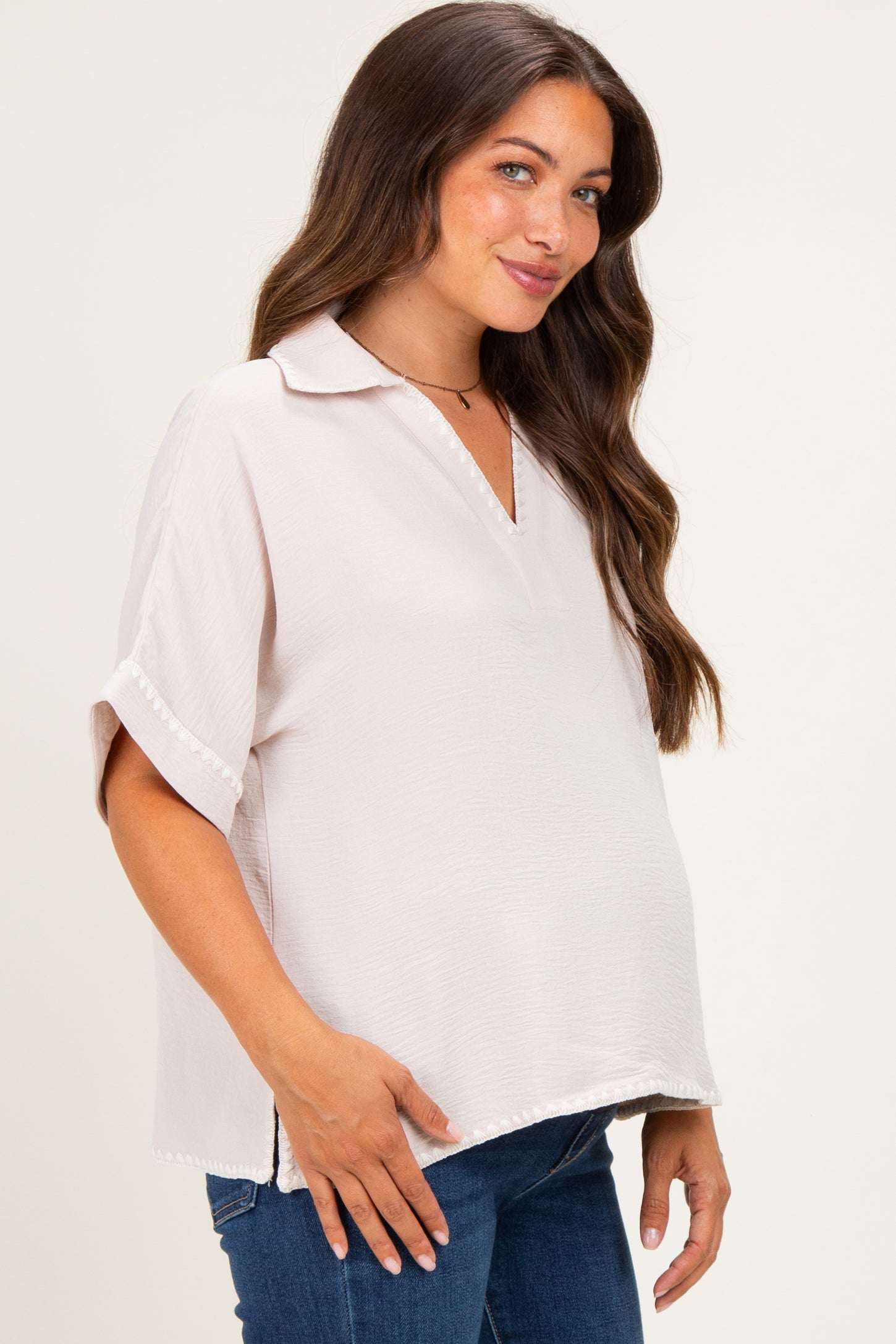 Oatmeal Embroidered Detail Collared Boxy Maternity Top