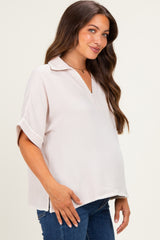 Oatmeal Embroidered Detail Collared Boxy Maternity Top